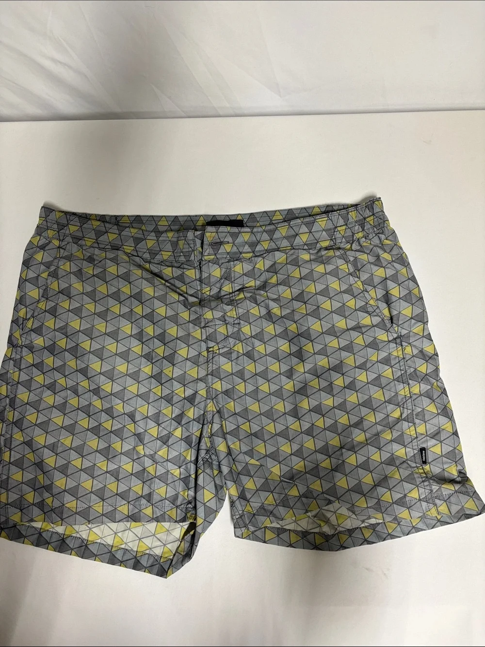 Finisterre Men's W34 Geometric Swim Trunks Board Shorts Gray Yellow ECONYL Made